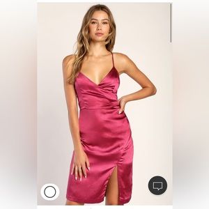 Lulu’s Hot Night Out Magenta Satin Surplice Faux-Wrap Dress